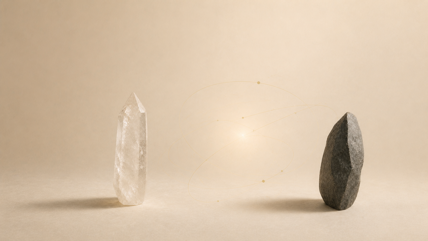 Dos minerales en diálogo unidos por órbitas doradas, símbolo de la IA como acompañante del pensamiento.