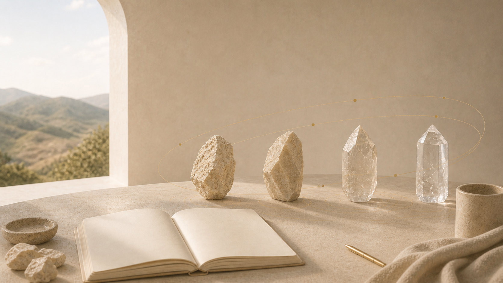 Cuatro formas minerales recorren un ciclo de aprendizaje desde la materia opaca hasta el cristal transparente.