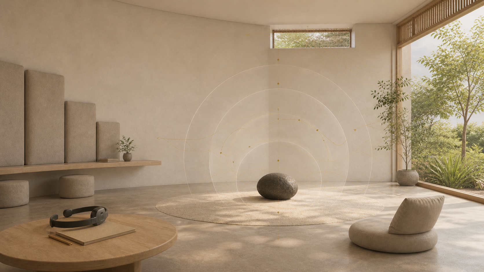 The GRAVYA Habitat with environmental and cognitive layers, a grounding stone, and an EEG reader as a secondary observation instrument.
